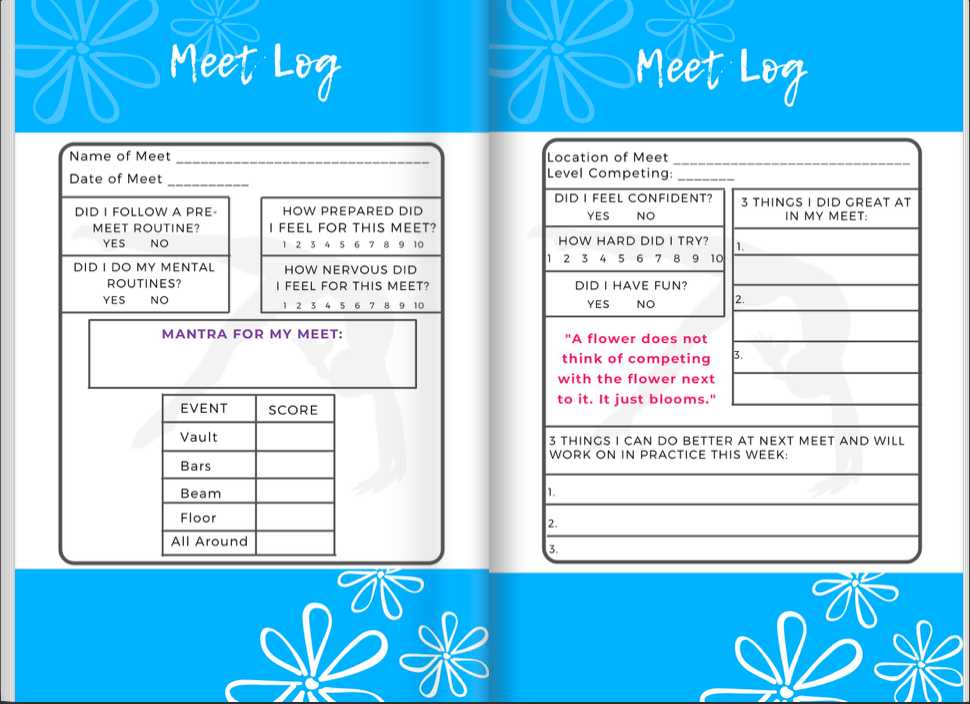 Here's an example of our Meet Log from our Gymnastics Mindset Meet Journal 